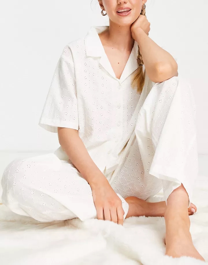 Pijama blanco de pantalones y camisa con bordado inglés de Topshop blanco Ec1dDwGk