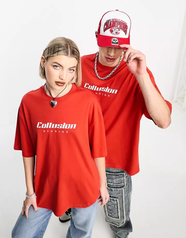 Camiseta roja de manga larga con logo de COLLUSION Unisex Rojo F81HBwLK
