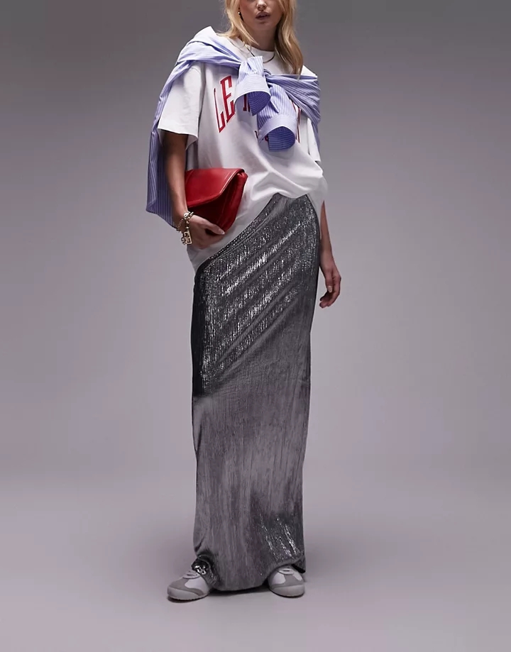 Falda larga plateada metalizada de tejido texturizado de Topshop Tall Plateado gUF4lqsR